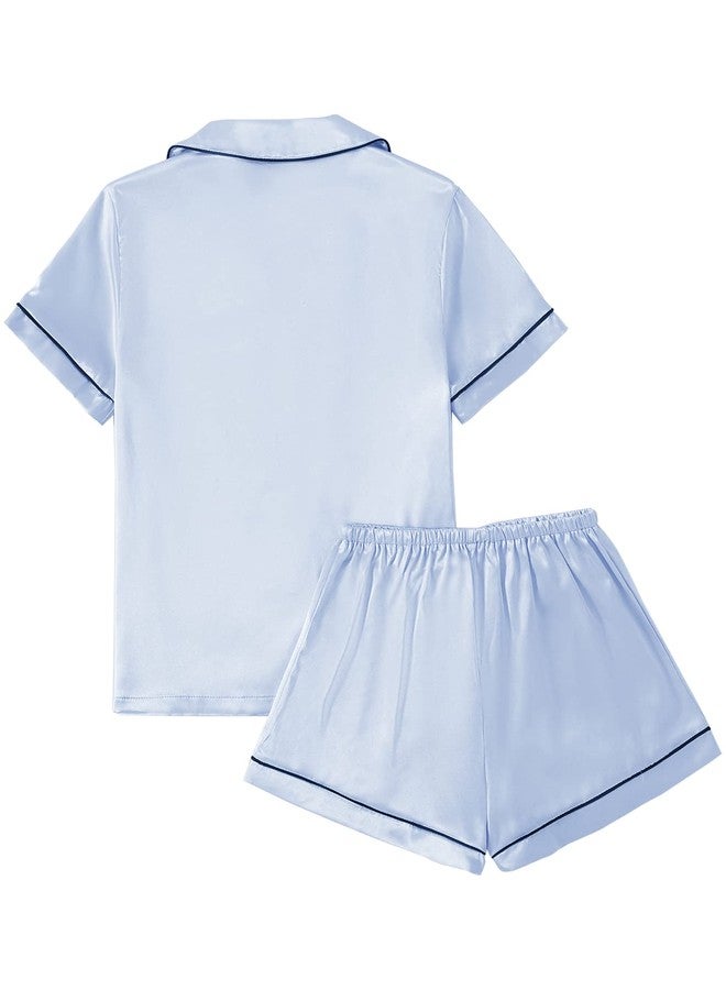 LYANER Women's Satin Pajamas Set Short Sleeve Button Shirt Silky Sleepwear with Shorts Set PJ Baby Blue Small - Image 2
